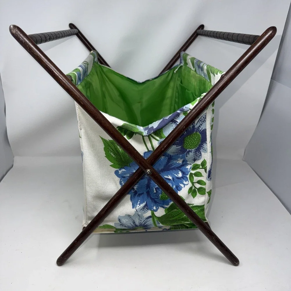 Vintage Folding Wood Frame Sewing Basket Craft Caddy Floral Fabric MCM 16